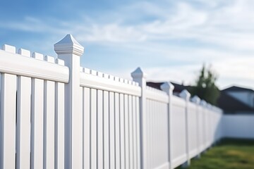 A picture of a white fence in a yard with a beautiful blue sky in the background. Perfect for home and garden themes