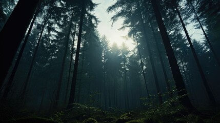 Obraz premium Sunlight shining through the trees in a dark forest. Perfect for nature and outdoor-themed designs