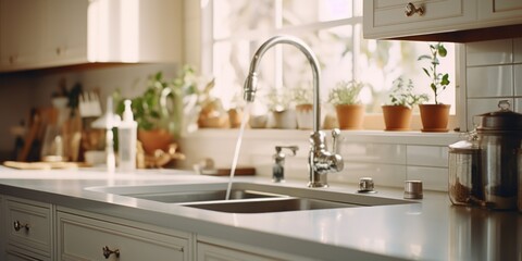 A kitchen sink with water running over it. This image can be used to depict water wastage, plumbing issues, or the concept of cleanliness and hygiene
