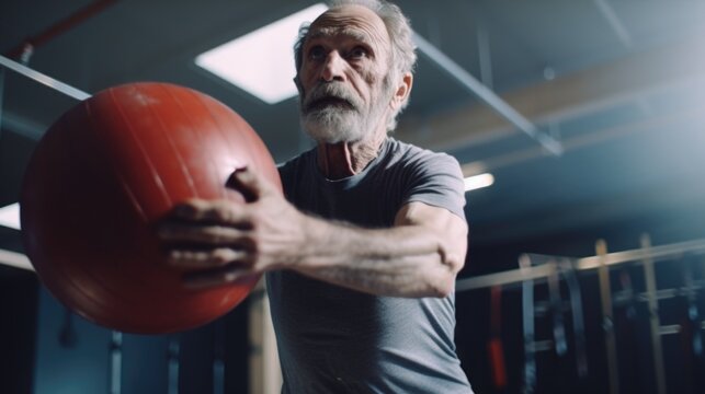 A man is seen holding a red ball in a gym. This versatile image can be used to depict fitness, exercise, sports, or recreational activities