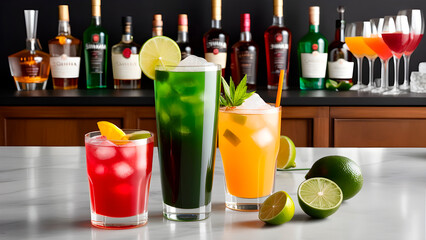 On the bar counter there are three colorful cocktails with ice, red, green, yellow, lime, against the background of bottles with different alcohol,