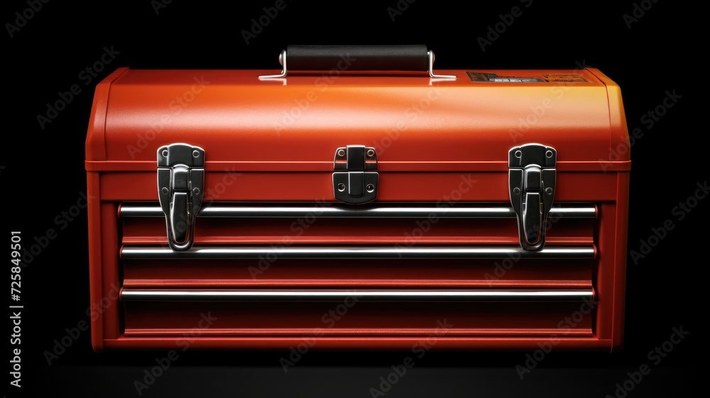 Poster A red tool box placed on a sleek black floor. Perfect for illustrating organization, DIY projects, or professional tool usage