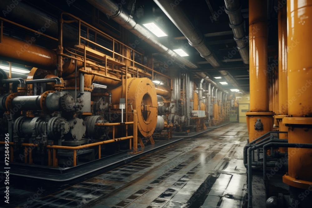 Poster a picture of a large industrial area with pipes and valves. this image can be used to depict industr