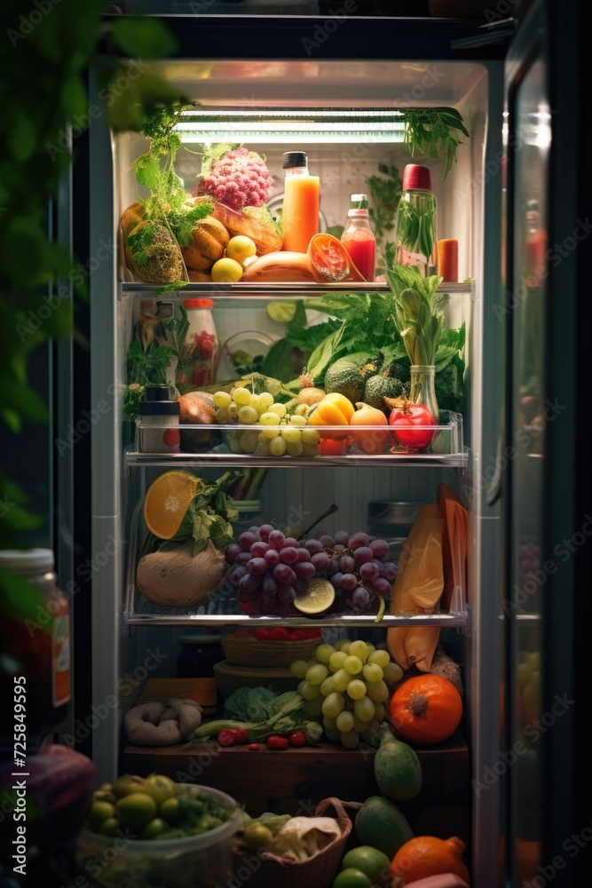 Poster fresh and healthy fruits and vegetables stored in a refrigerator. ideal for illustrating a balanced 
