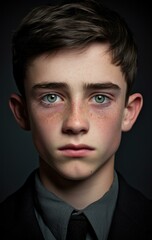 Fototapeta premium A young boy with freckles and a suit. Generative AI.