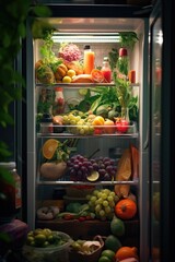 Fresh and healthy fruits and vegetables stored in a refrigerator. Ideal for illustrating a balanced diet or promoting healthy eating habits