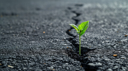 Small green plant growing out of crack in asphalt road. Environmental problems, urbanization, hope and new beginnings