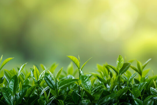 Green tea leaves background with copy space