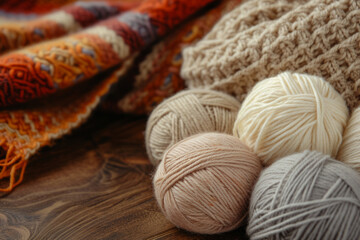 Material for handmade background with copy space. Knitting