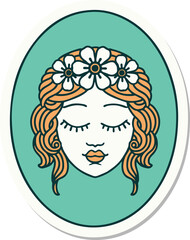 tattoo style sticker of a maiden with eyes closed