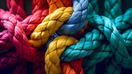 Together, diverse teamwork strength support unity communicate team rope connect partnership , Empower power cooperation background color concept integrate braid strong network - obrazy, fototapety, plakaty