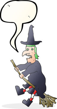 speech bubble cartoon witch flying on broom