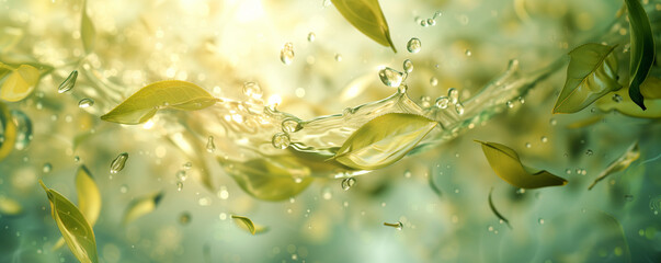Green tea leaves underwater with air bubbles and sunlight. Design for beverage advertising, health and wellness promotion, spa and relaxation poster. Backdrop with copy space. - obrazy, fototapety, plakaty