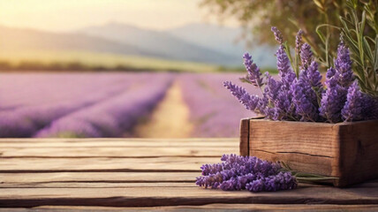 Rustic wooden table with view of lavender field in the background