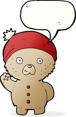 cartoon waving teddy bear in winter hat with speech bubble