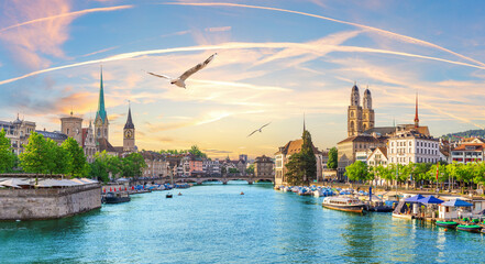 Aerial panorama on the downtown of Zurich at the evening, Switzerland