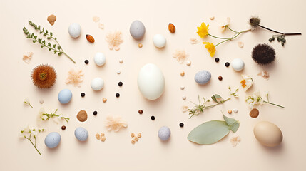 Minimalistyczne jasne tło na życzenia Wielkanocne.  Alleluja - Wesołych świąt Wielkiej Nocy. Jajka, piórka, kwiaty i inne wiosenne dekoracje.