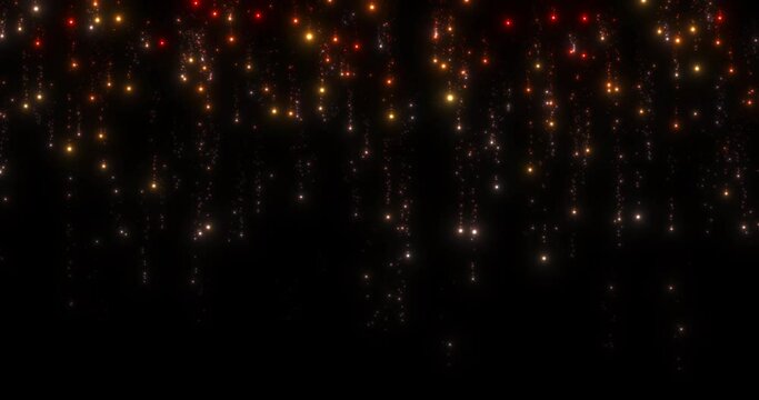 An orange curtain of sparkling lights. Red, orange, yellow, white particles with tails of scattered small particles falling down on a black background. Seamless looping animation.