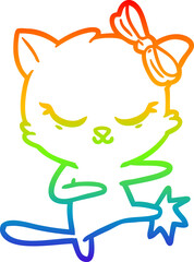 rainbow gradient line drawing cute cartoon cat with bow
