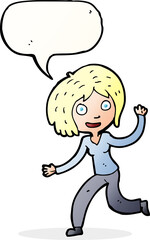 cartoon happy waving girl with speech bubble