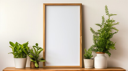 A mockup of a blank photo frame sitting on a wooden table with plants besides, minimal and clean style. Photorealistic illustration, Generative AI