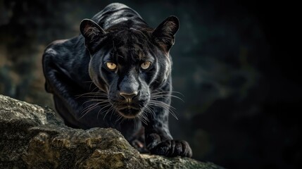 A sleek and powerful black panther perched on rugged rocks, exuding a wild and untamed aura in its natural habitat. Generative AI.