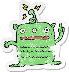 retro distressed sticker of a cartoon weird little alien