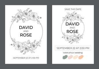 Wedding invitation in a minimalist style. A flower wreath vector hand drawn illustration