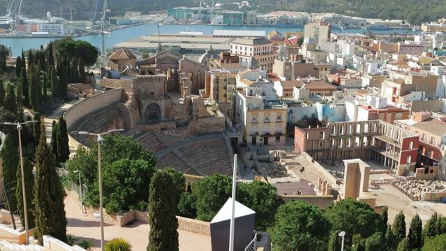 Panoramic view of the city of Cartagena, Roman Theater and the Mediterranean coast overlooking 