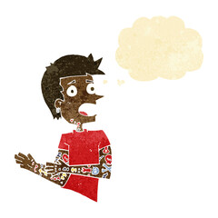 cartoon man with tattoos with thought bubble