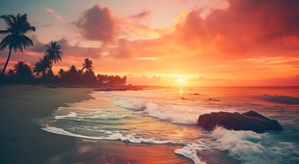 Amazing sunset over the sea and sand beach with palm trees.