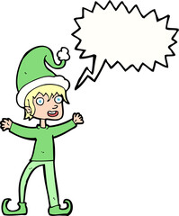cartoon excited christmas elf with speech bubble