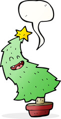 cartoon dancing christmas tree with speech bubble