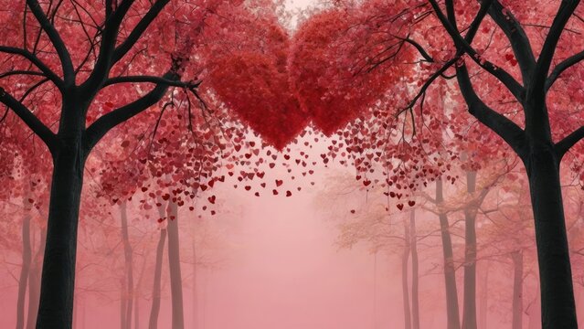 Valentines day background. Trees with red heart shape leaves on branches. Fantasy forest, park on pink background with copy space for text.  generative, ai.