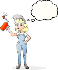 thought bubble cartoon woman welding