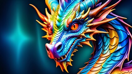 Abstractly inspiring, a colorful Dragon close-up; wonderfully rich colors on a spectacularly bright background.