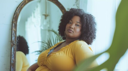 A plump black woman in front of a mirror looks at her body. A plus size model in front of a mirror in her lingerie feels body-positive. A fat woman looking at herself in the mirror Generative ai - obrazy, fototapety, plakaty