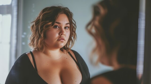 A plump black woman in front of a mirror looks at her body. A plus size model in front of a mirror in her lingerie feels body-positive. A fat woman looking at herself in the mirror Generative ai