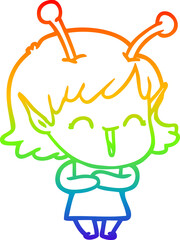 Fototapeta premium rainbow gradient line drawing cartoon happy alien girl