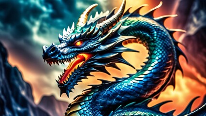 Abstract inspiration, a colorful Dragon dances on a wonderfully rich background; a vibrant 3D explosion of close-up colors.