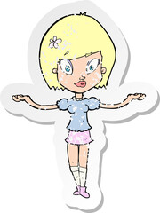 retro distressed sticker of a cartoon woman making balancing gesture