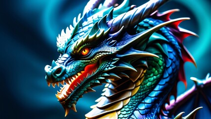 Abstractly adorable, a colorful Dragon close-up; inspiring rich colors on a wonderfully bright background.