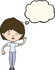 cartoon waving woman with thought bubble