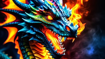 Fototapeta premium Abstractly magical, a colorful Dragon dances in an unbelievably fantastical 3D; wonderfully inspiring rich colors on a bright background.