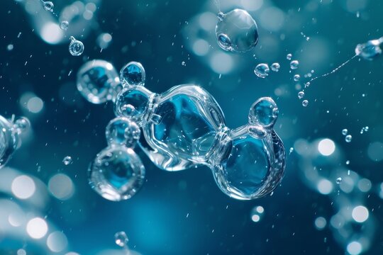 Liquid bubble, a molecule inside a liquid bubble against a background of splashing water DNA