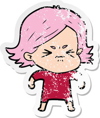 distressed sticker of a cartoon angry woman