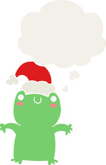 cute cartoon frog wearing christmas hat and thought bubble in retro style