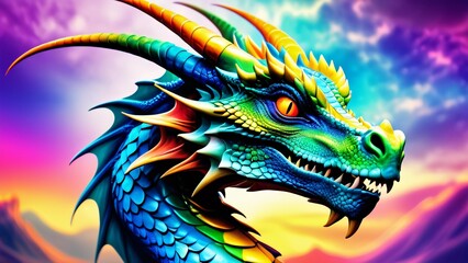 Abstractly magnificent, a colorful Dragon in an unbelievably awesome 3D; rich colors dance on a wonderfully bright background.
