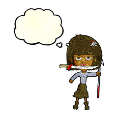 cartoon woman with knife and harpoon with thought bubble