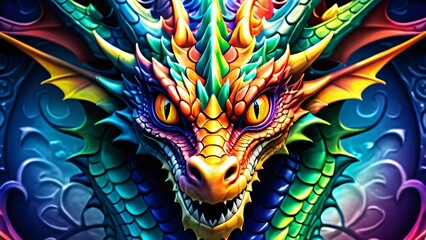 Fototapeta na wymiar Abstractly magical, a colorful Dragon dances in an unbelievably fantastical 3D; wonderfully inspiring rich colors on a bright background.